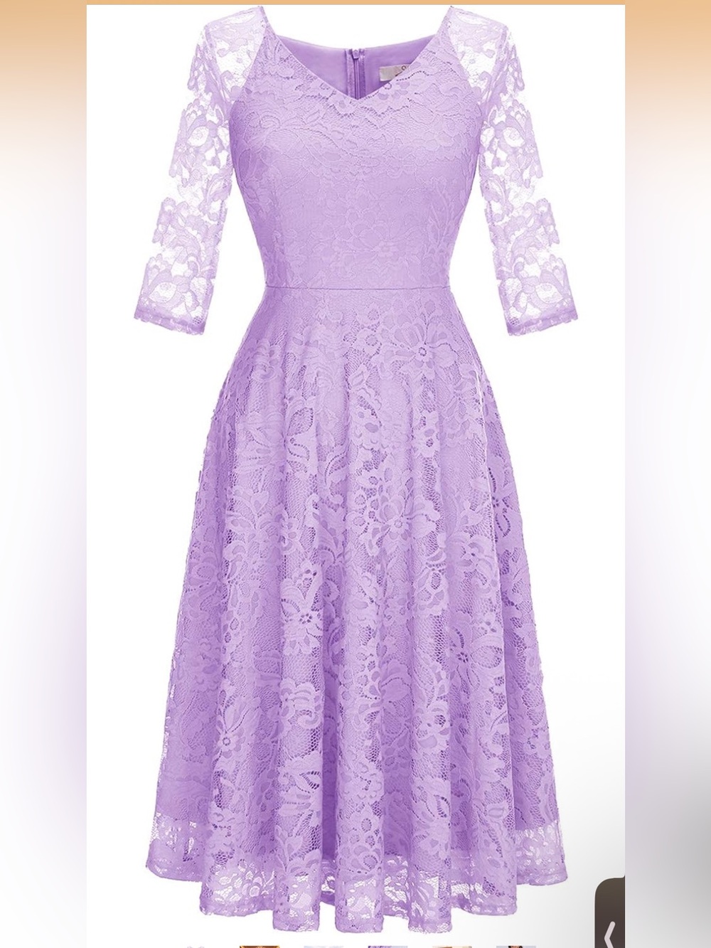 Lavender Lace Midi Dress with Three-Quarter Sleeves